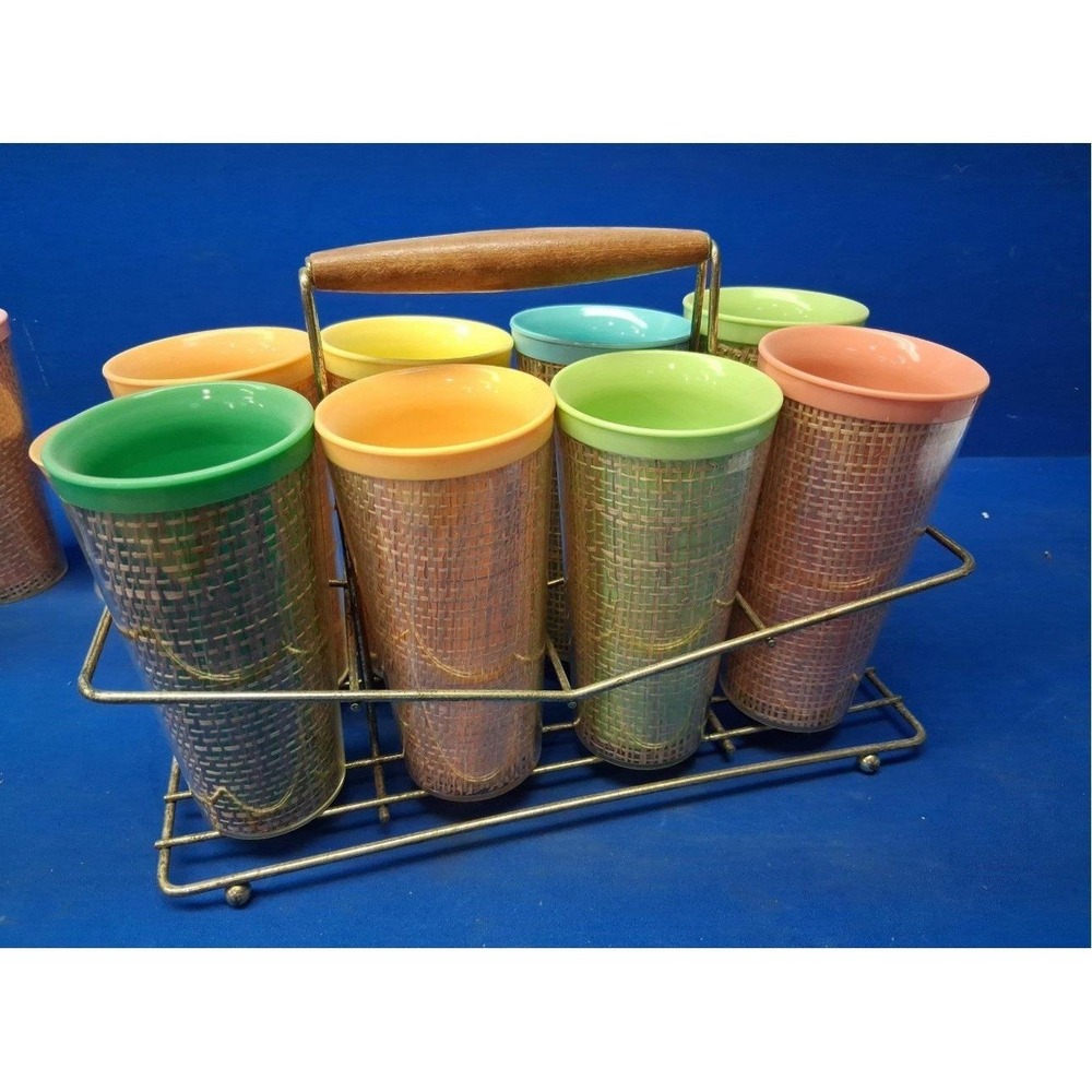 8 Vintage MCM Retro Atomic Raffiaware Insulated Plastic Tumblers w/ Carrier
